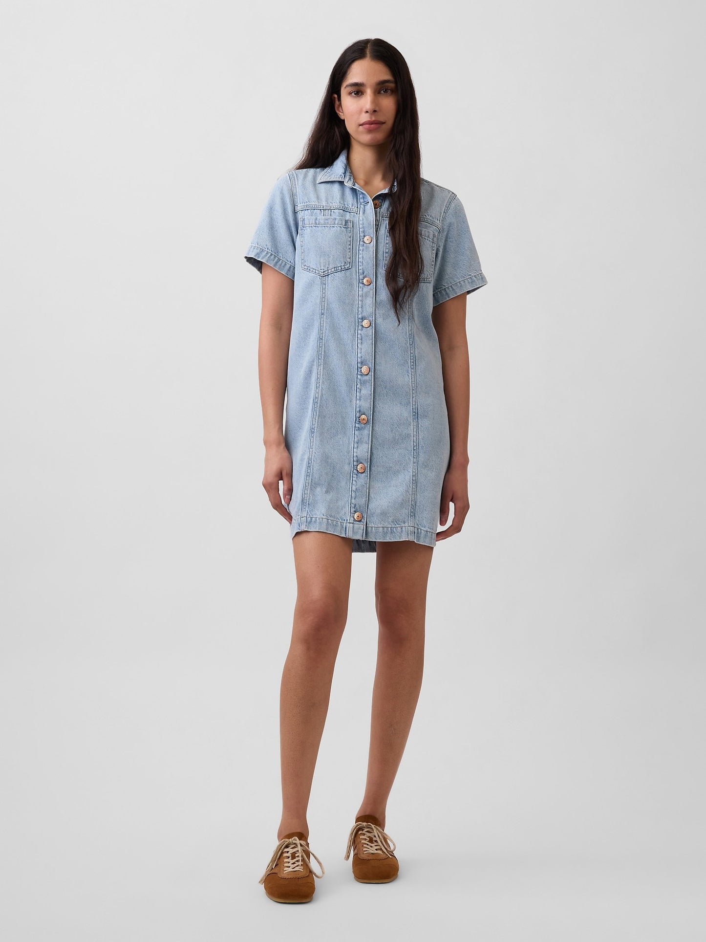 Açık Mavi Ultrasoft Denim Mini Gömlek Elbise