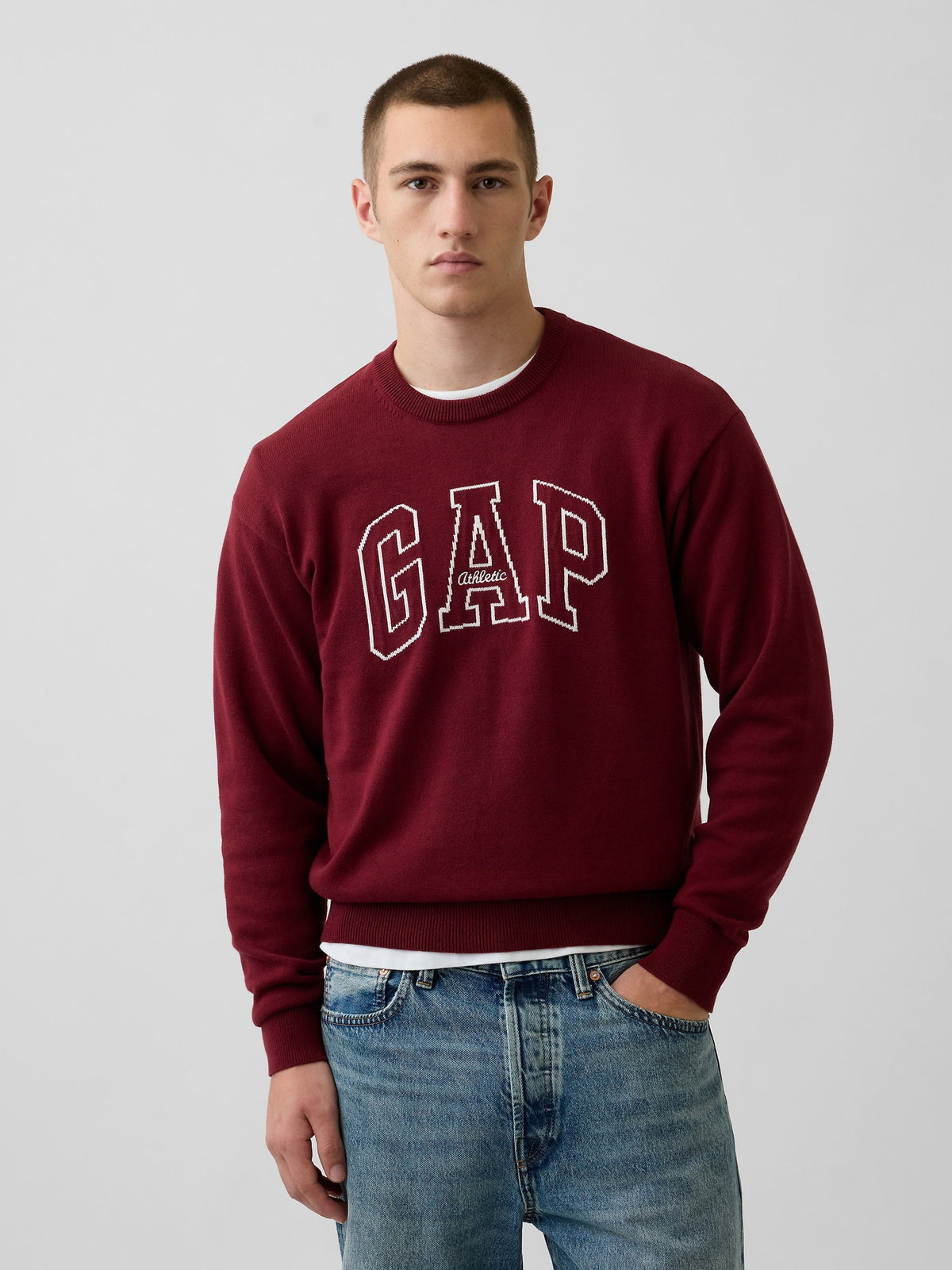 Koyu Kırmızı Relaxed Gap Logo Intarsia Kazak