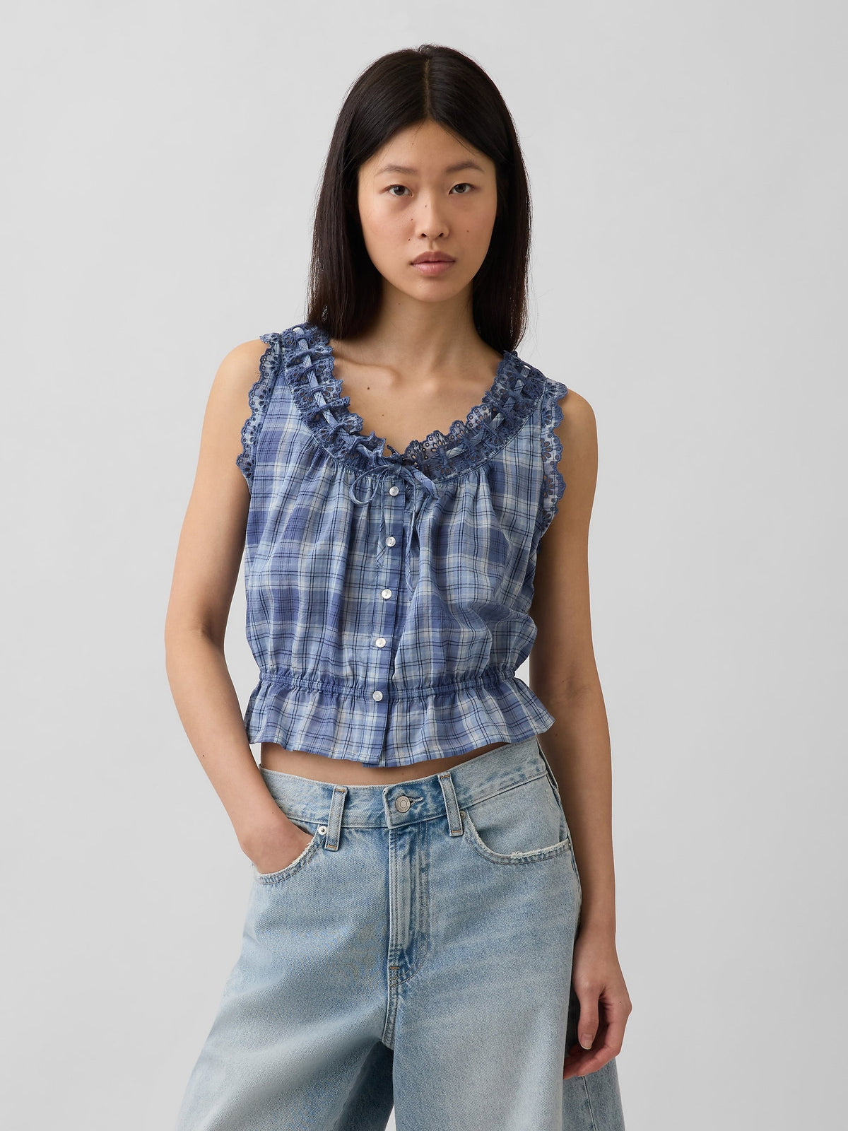 Mavi Eyelet Tie-front Crop Peplum Bluz