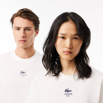 Lacoste Signature Unisex Classic Fit Bisiklet Yaka Baskılı Beyaz T-shirt