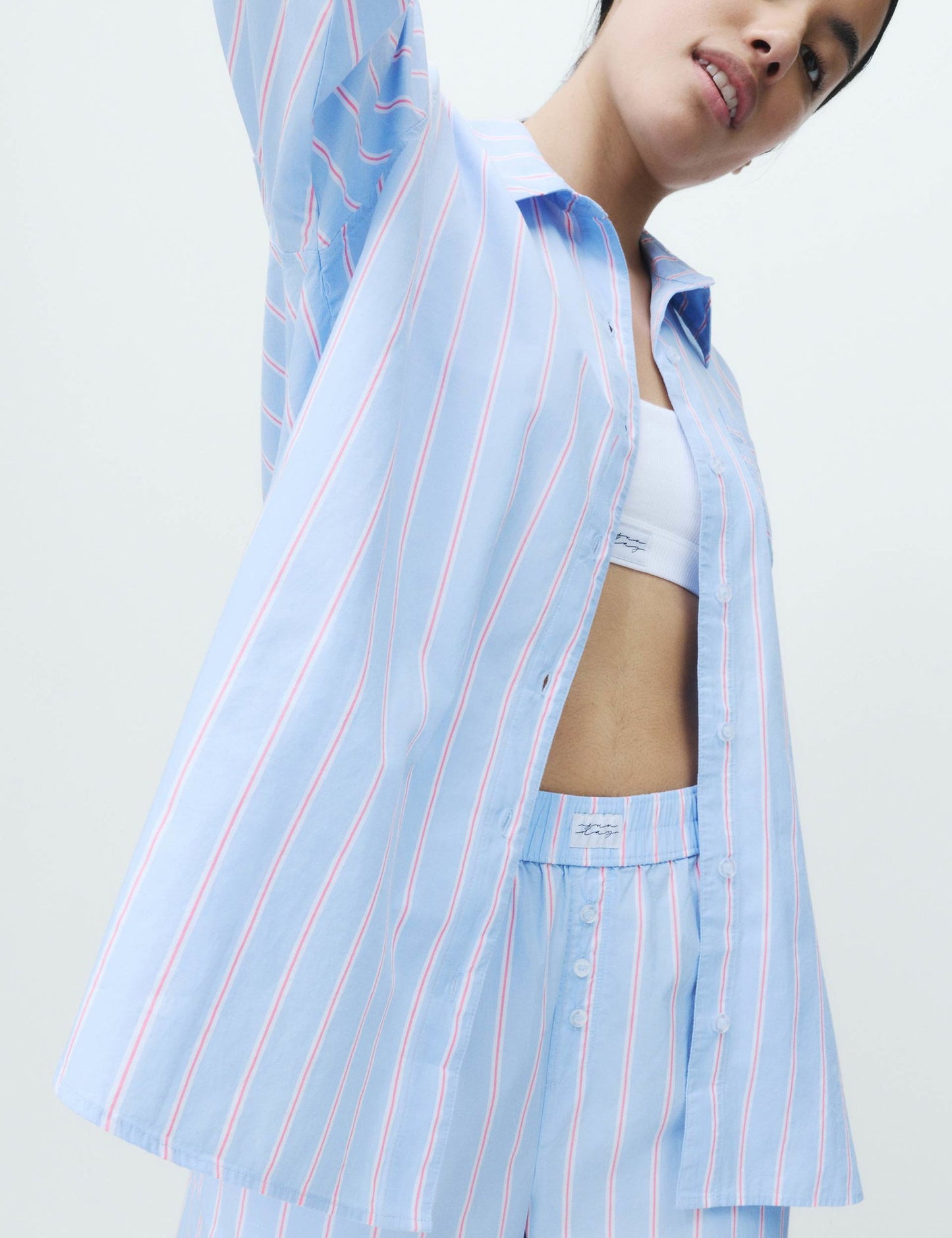 %100 Pamuk Poplin Çizgili Pijama Üstü