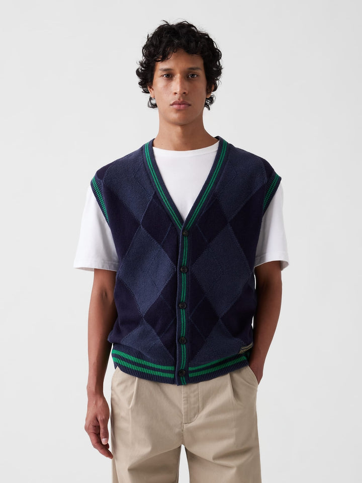 Lacivert Gap × Malbon Oversized Argyle Desenli Yelek