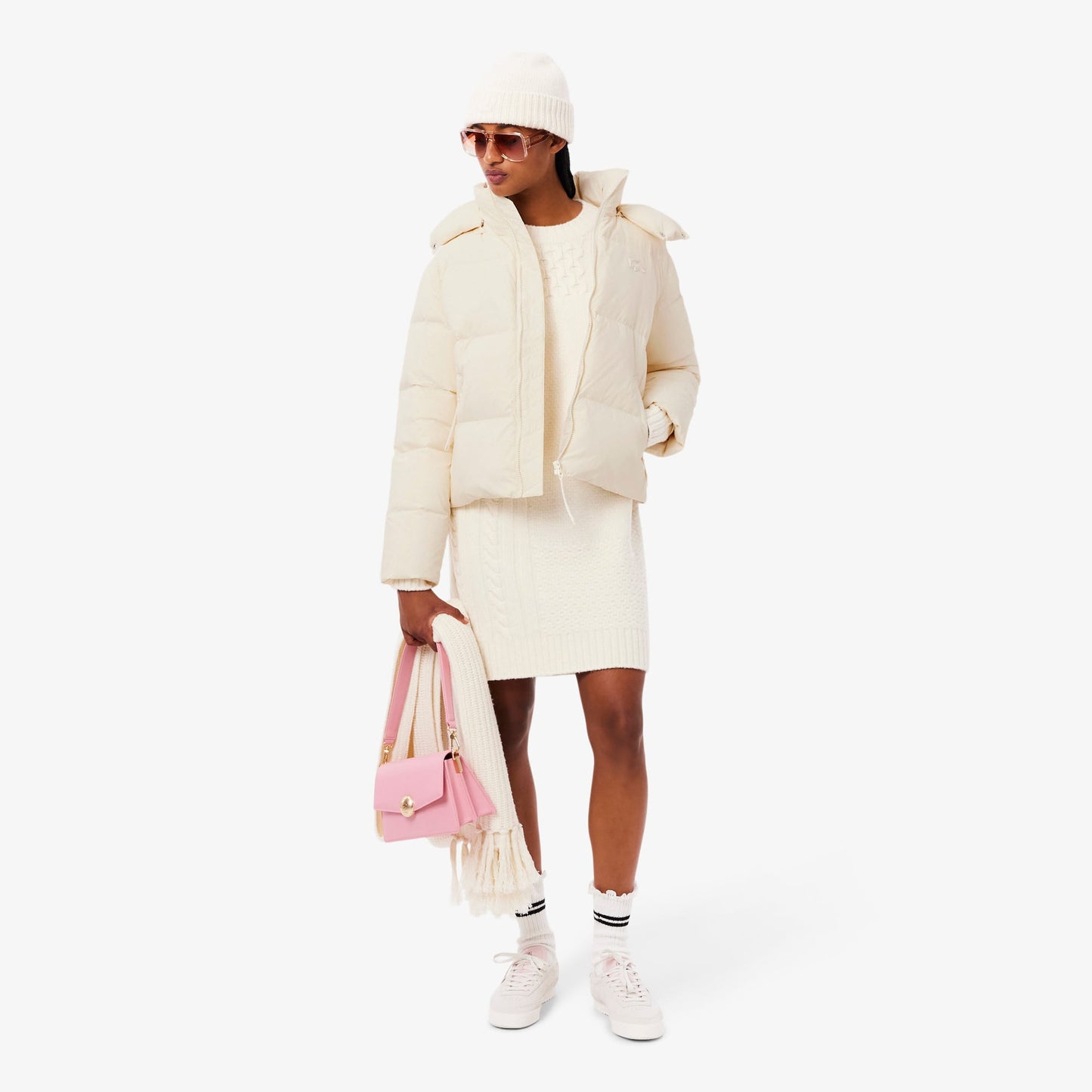 Lacoste Kadın Relaxed Fit Kapüşonlu Krem Şişme Mont