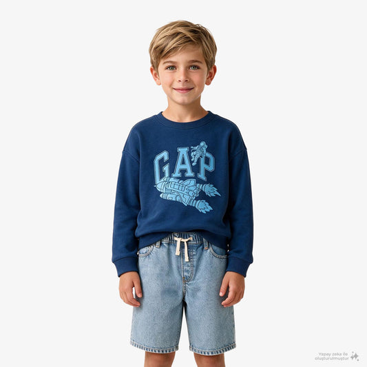 Gap V-frch Ft Oversized Logo Crew Çocuk Mavi Sweatshirt