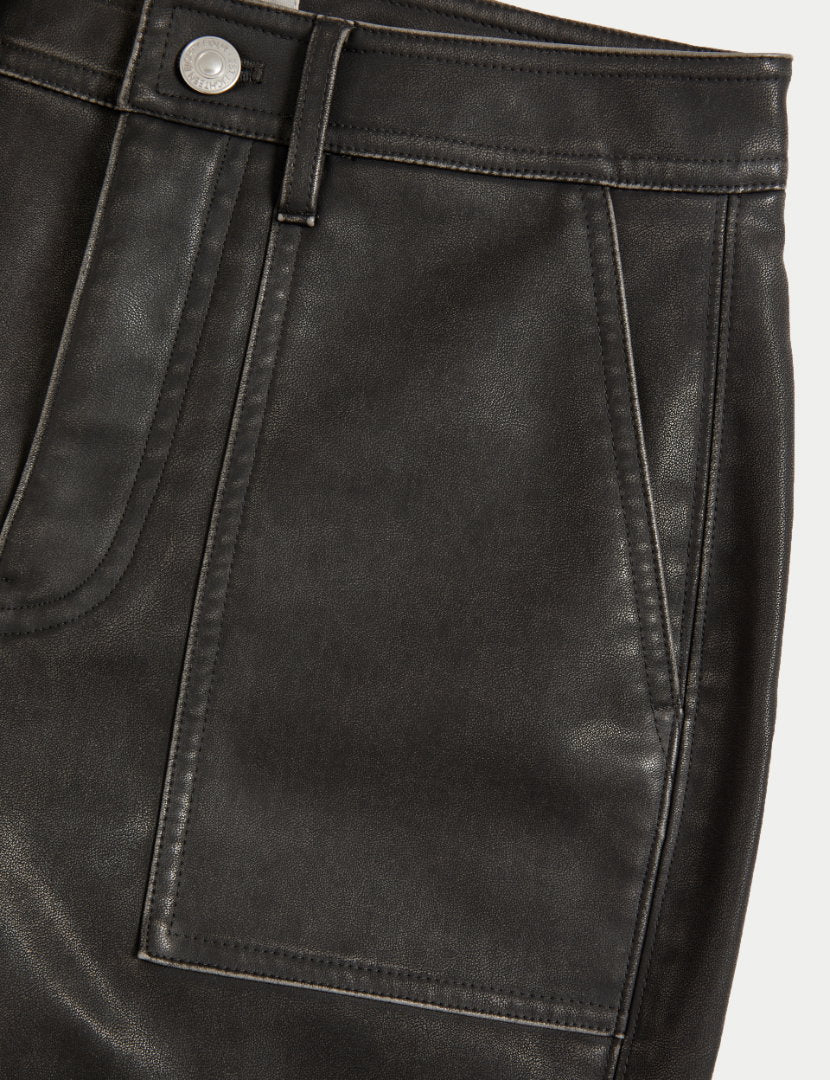 Deri Görünümlü Wide Leg Pantolon