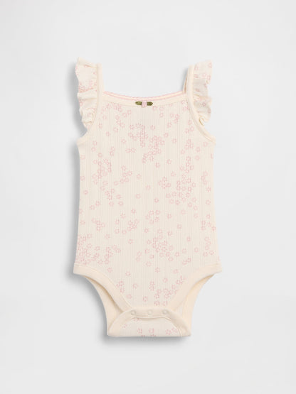 Krem Pointelle Fitilli Çiçekli Askılı Bodysuit
