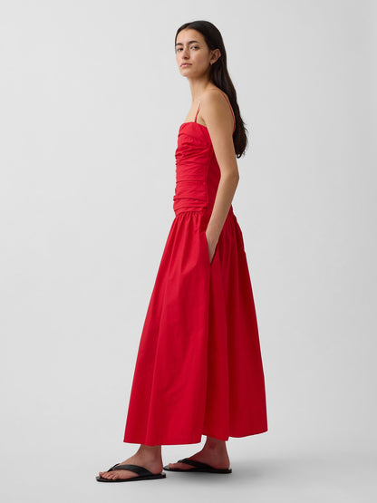 Kırmızı Poplin Drop-waist Maxi Elbise