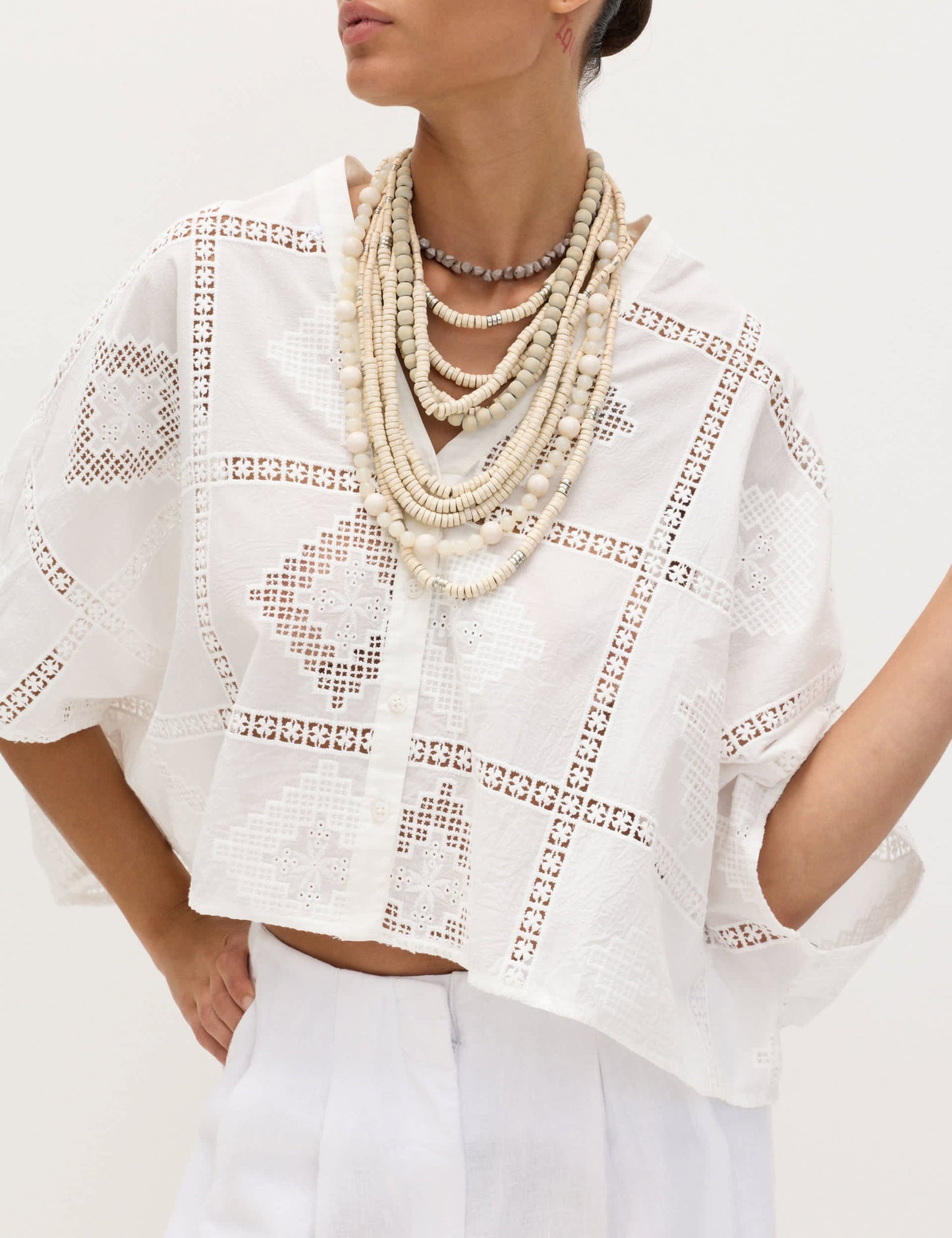 Saf Pamuklu Brode Kaftan Bluz
