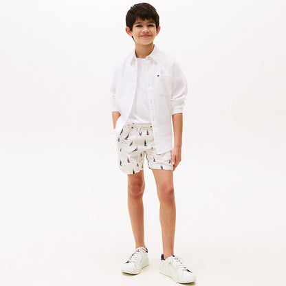 Tommy Hilfiger Print Linen Çocuk Beyaz Deniz Şortu