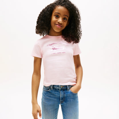 Tommy Hilfiger Metallic Script Çocuk Pembe T-shirt