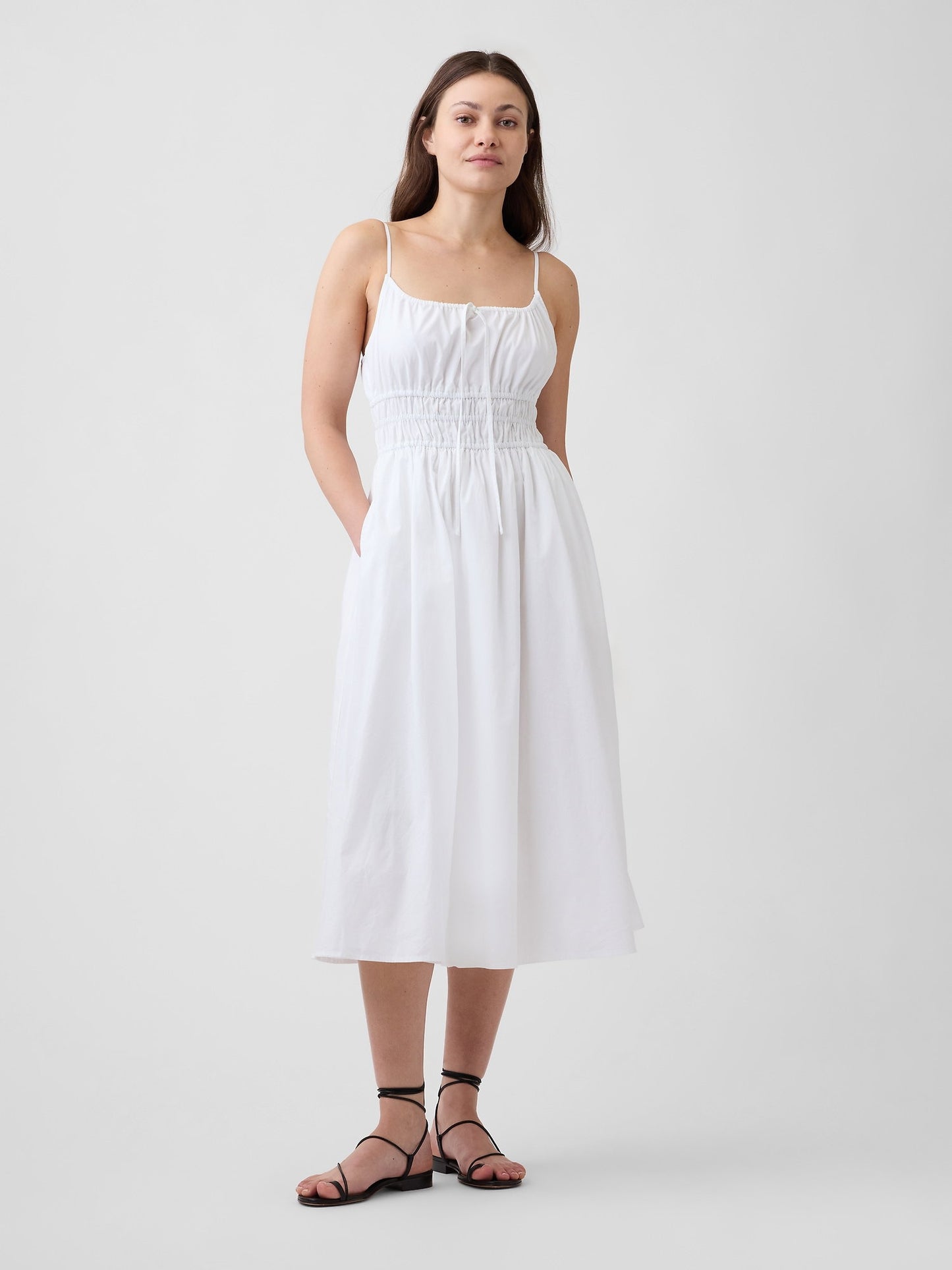 Beyaz Smocked Tie-front Midi Elbise