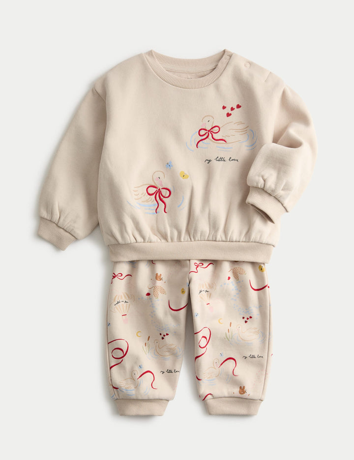 Kuğu Desenli Sweatshirt Ve Eşofman Altı Takımı