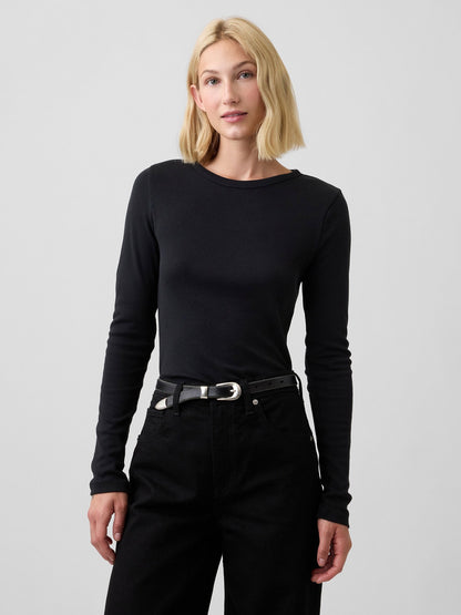 Siyah Modern Fitilli Bisiklet Yaka T-shirt