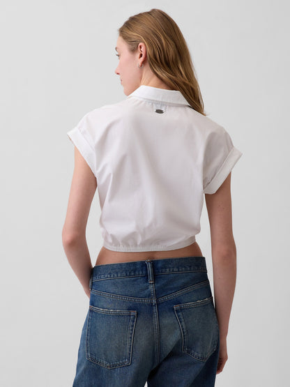Beyaz Poplin Cap-sleeve Crop Bluz