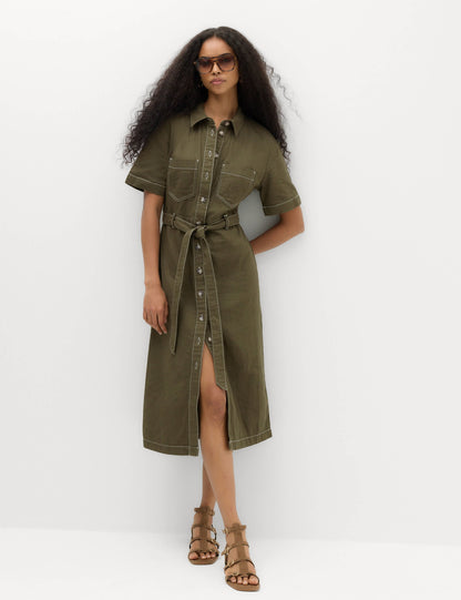 Kemerli Midi Gömlek Elbise