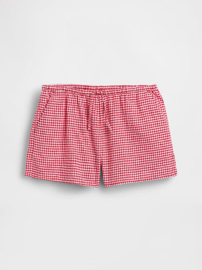 Kırmızı Keten Karışımlı Gingham Easy Şort