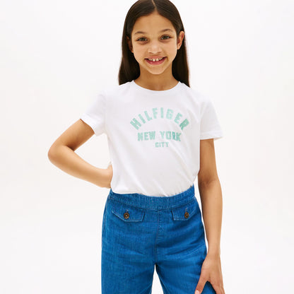 Tommy Hilfiger Glitter Curve Nyc Logo Çocuk Beyaz T-shirt