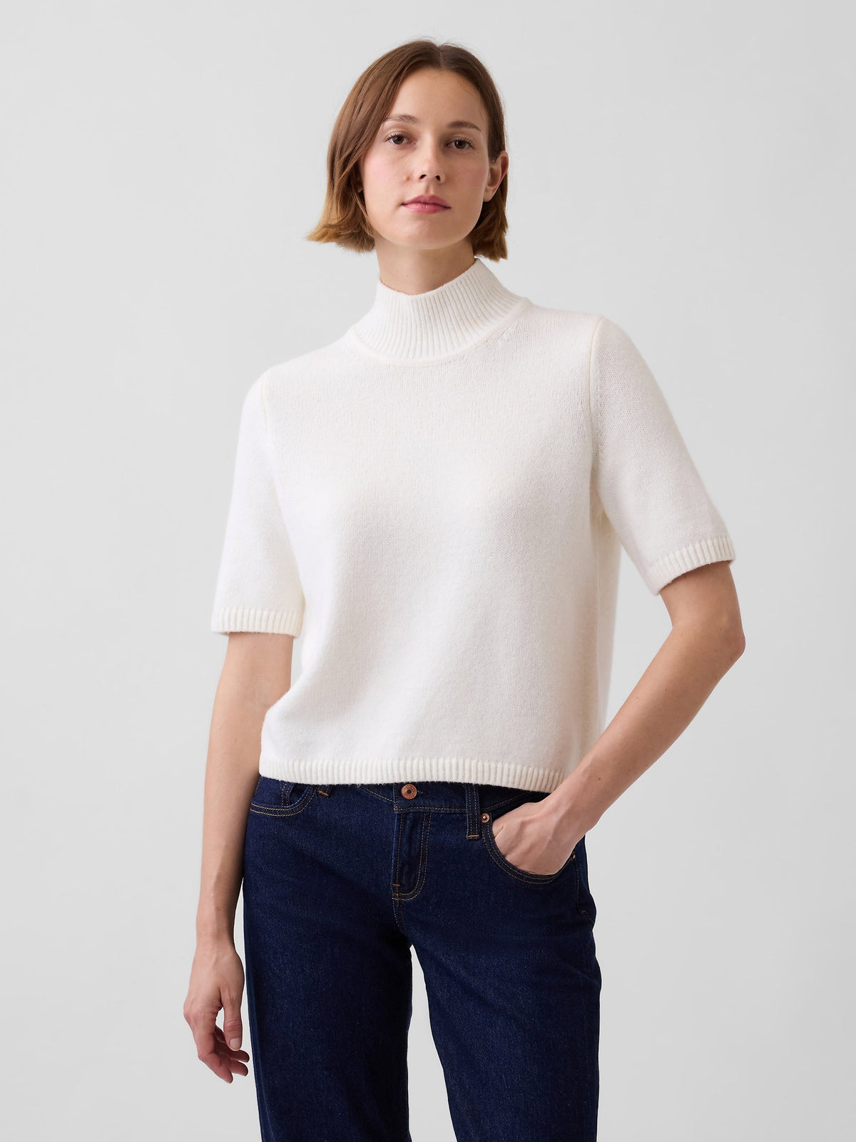 Kırık Beyaz Cashsoft Mockneck Elbow-sleeve Kazak