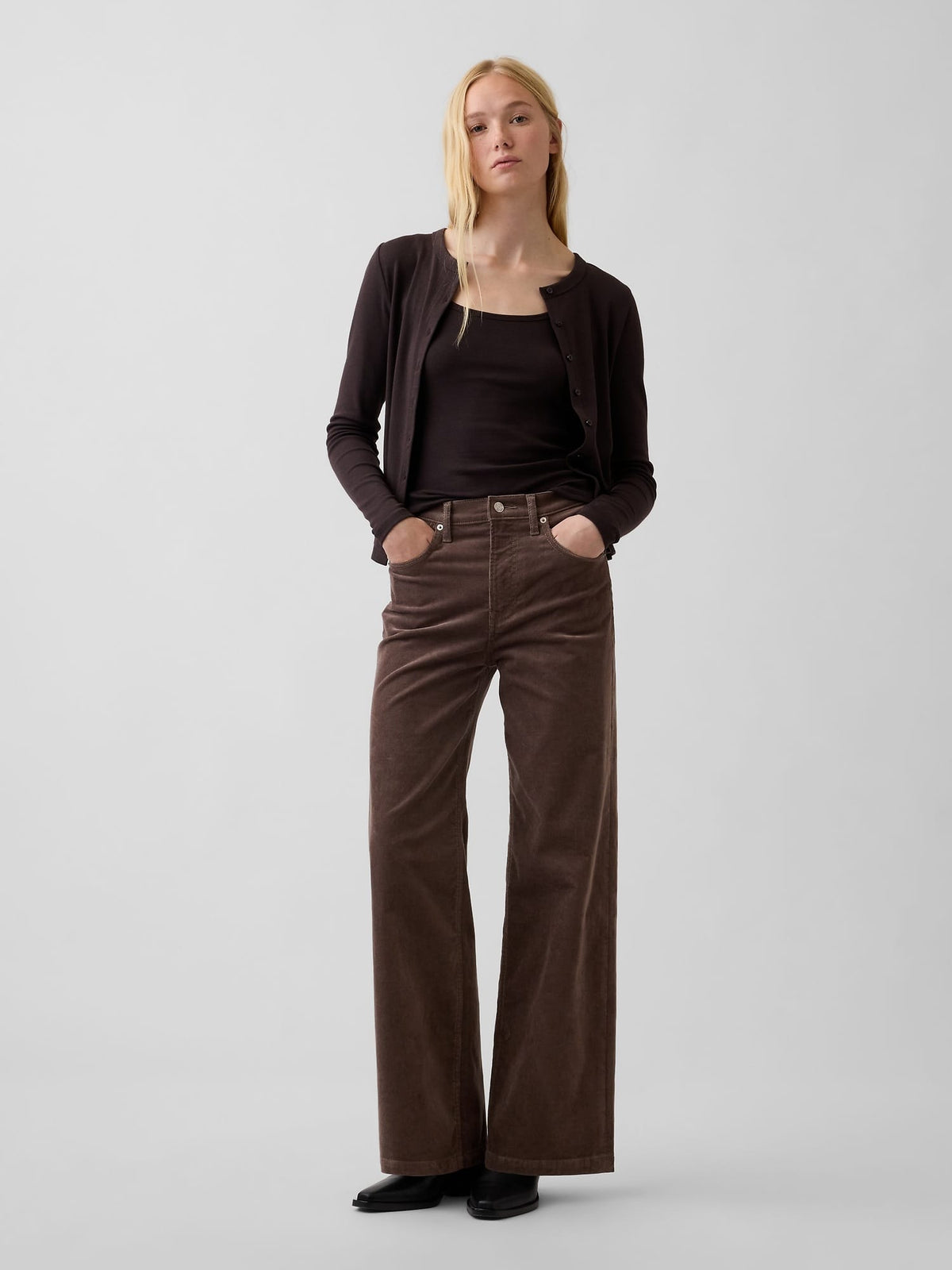 Kahverengi High Rise Kadife Stride Wide-leg Pantolon