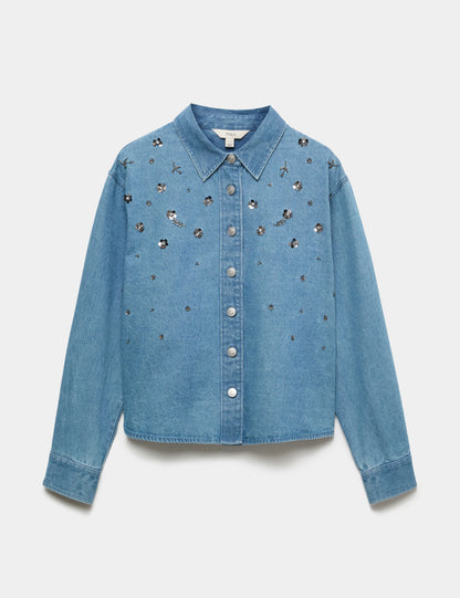 Taş Işlemeli Denim Gömlek