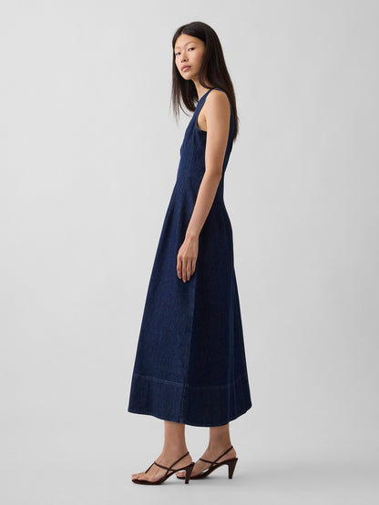 Koyu Mavi Denim V-yaka Maxi Elbise
