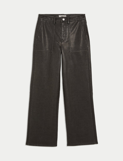 Deri Görünümlü Wide Leg Pantolon