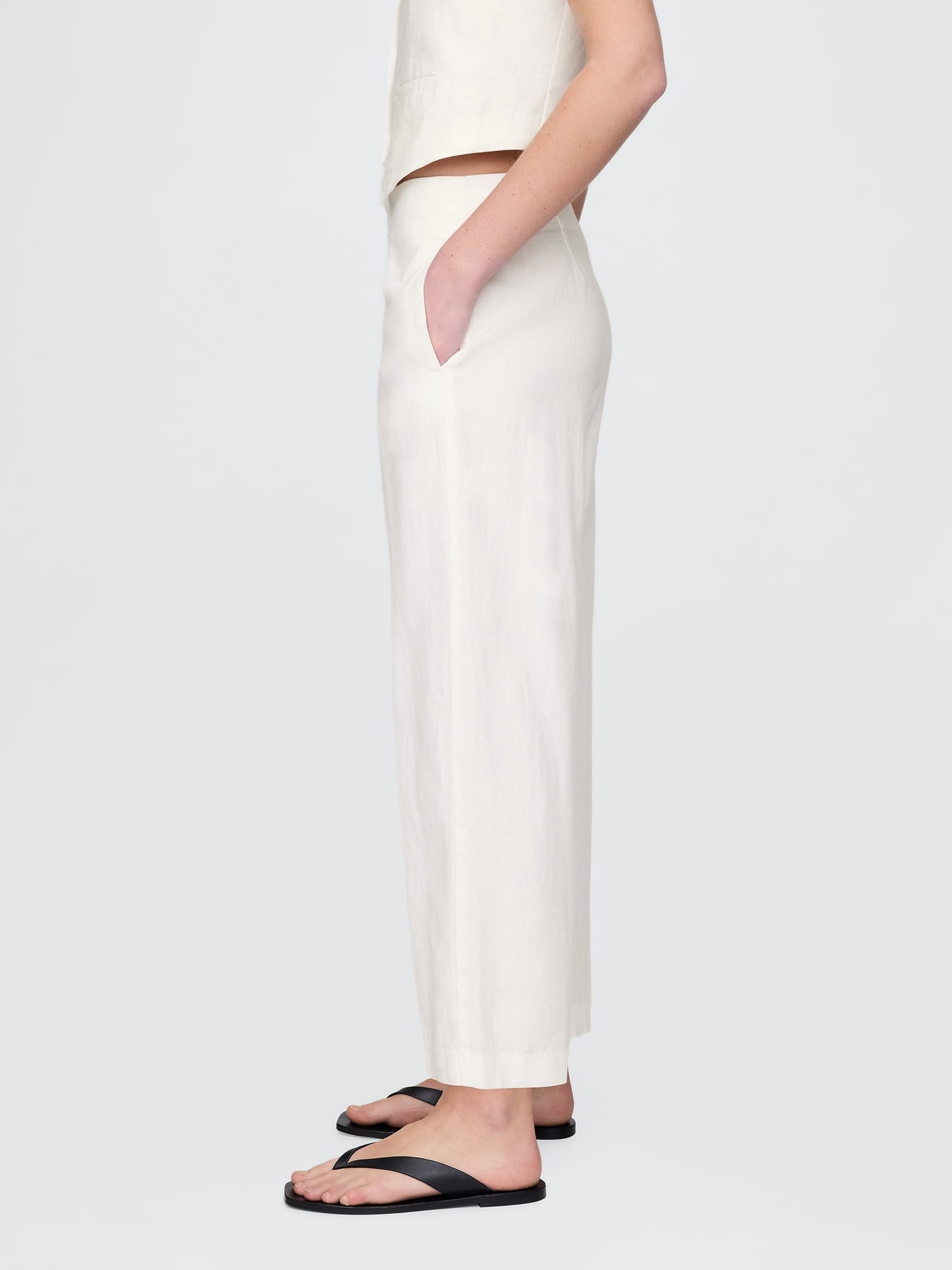 Beyaz Keten Karışımlı Relaxed Straight Ankle Pantolon
