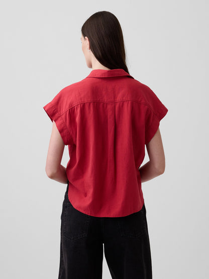 Kırmızı Keten Karışımı Oversize Gömlek