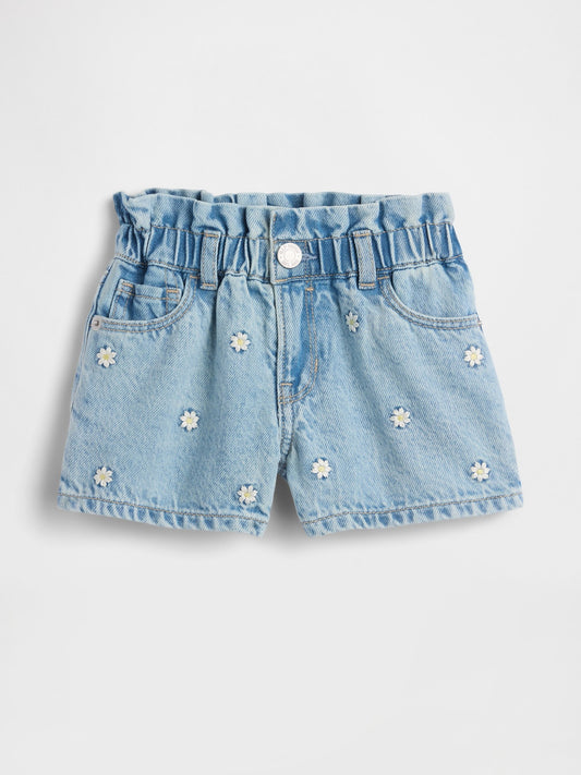 Açık Mavi Papatya Işlemeli Denim Stride Şort