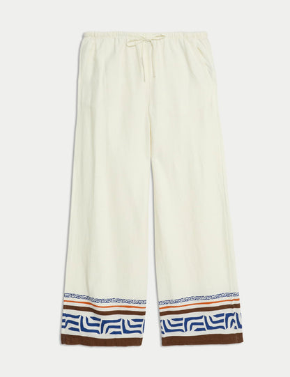 Keten Desenli Wide Leg Pantolon