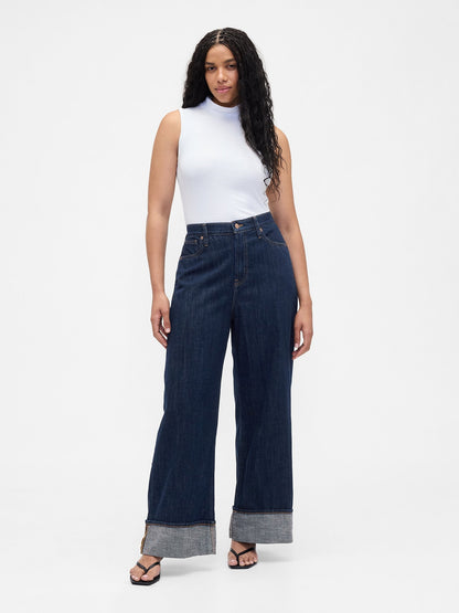 Koyu Mavi High Rise Wide-leg Jean Pantolon