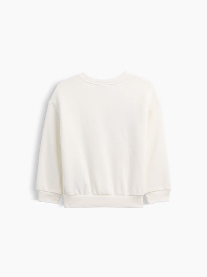 Beyaz Bisiklet Yaka Grafik Baskılı Sweatshirt