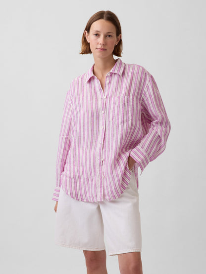 Pembe 100% Keten Oversize Gömlek