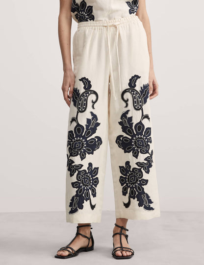 Jaeger Işleme Detaylı Wide Leg Keten Pantolon