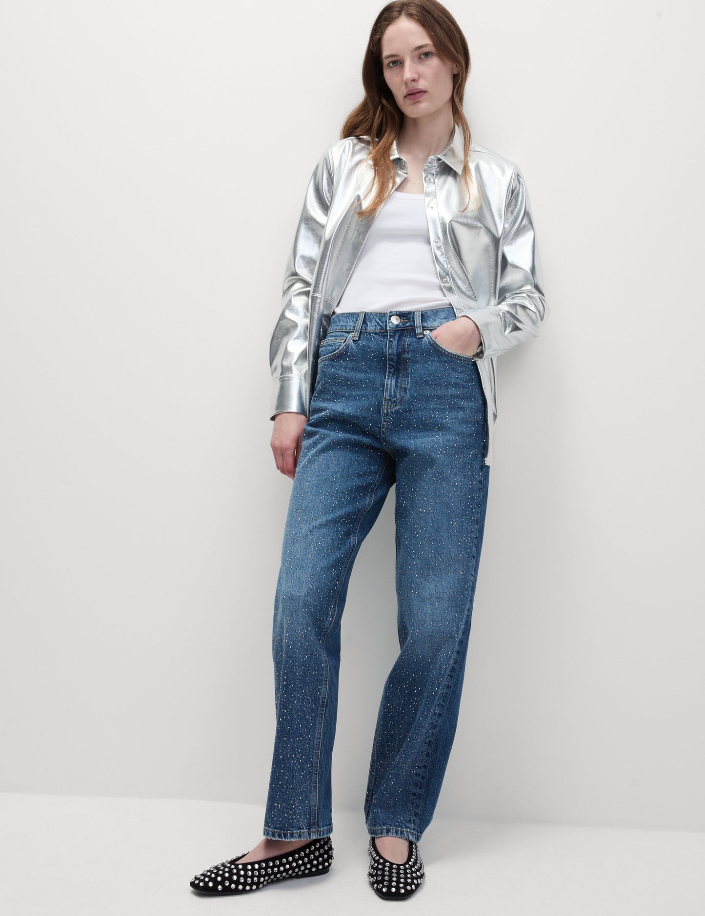 Işlemeli Yüksek Bel Straight Leg Jean Pantolon