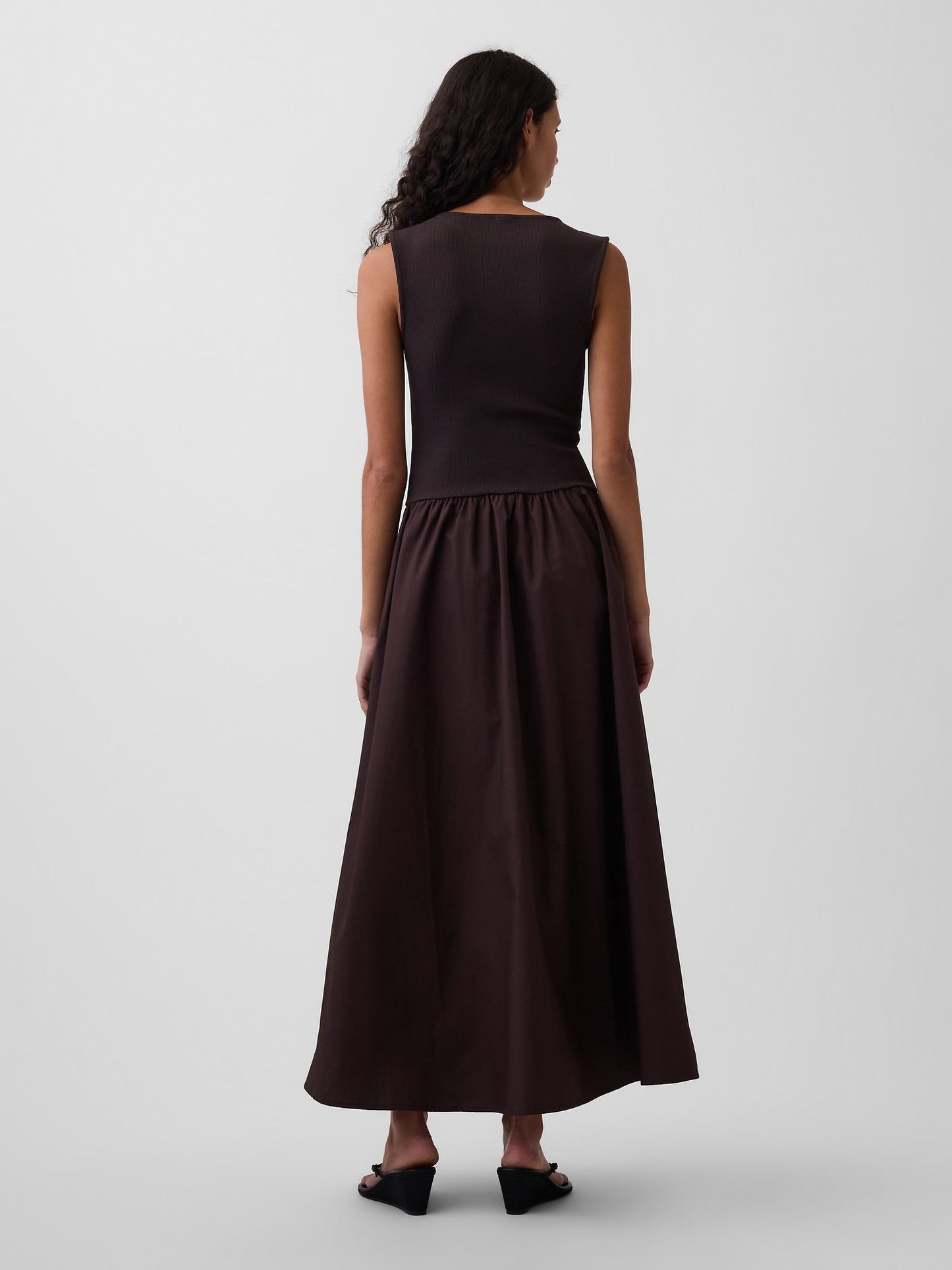 Kahverengi Mixed Media Drop-waist Maxi Elbise