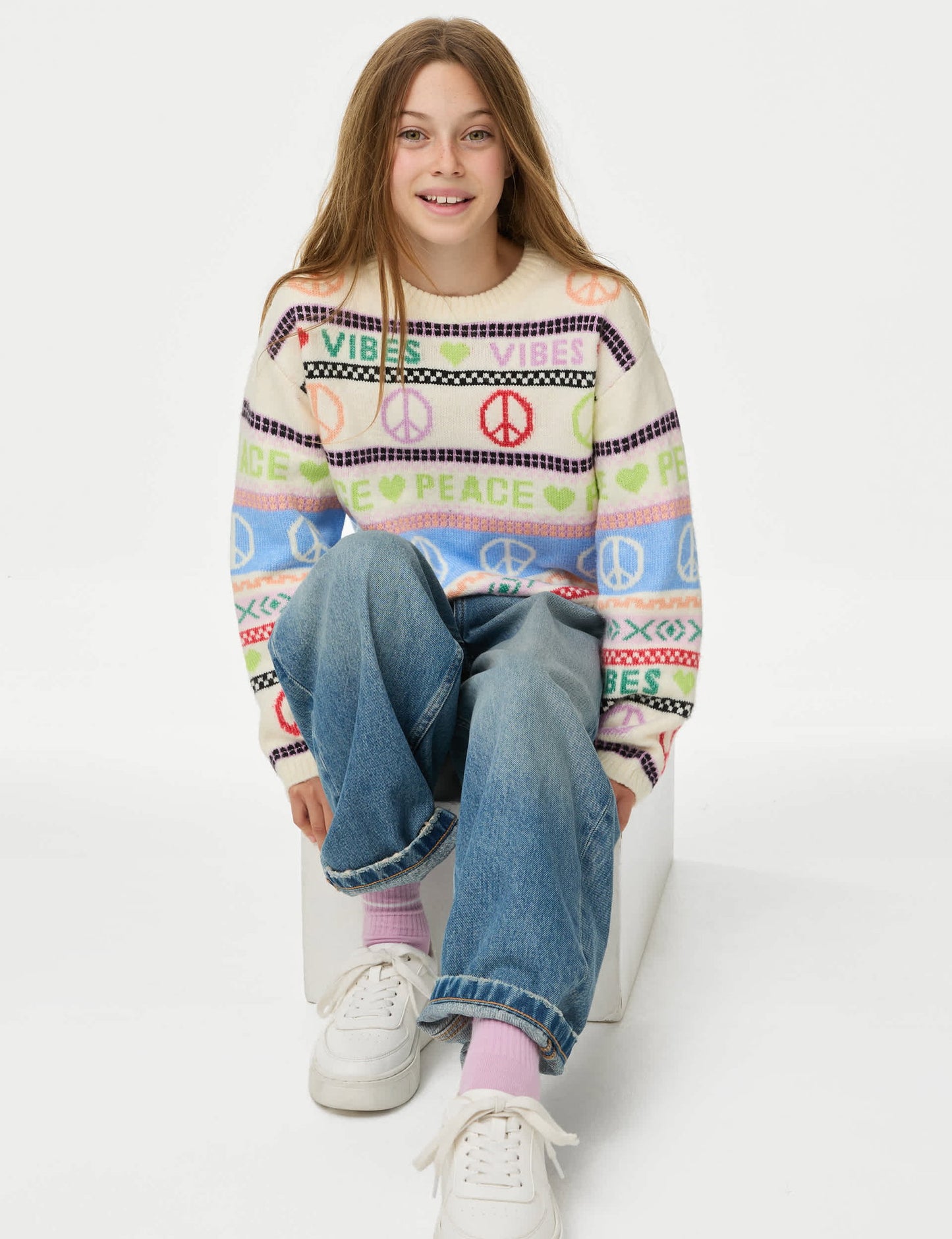 Fair Isle Desenli Yuvarlak Yaka Kazak (6-16 Yaş)