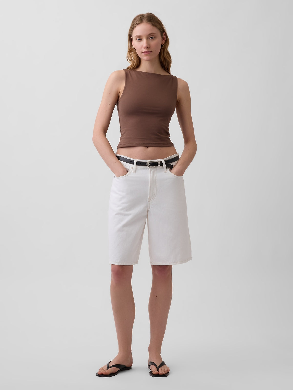 Kahverengi Closeknit Jersey Botneck Kısa Kolsuz Üst