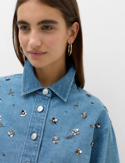 Taş Işlemeli Denim Gömlek