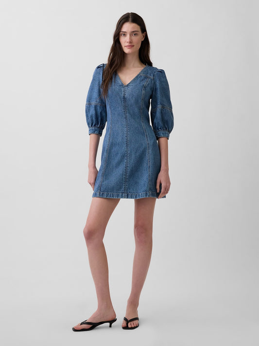 Mavi Ultrasoft Denim Puff-sleeve Mini Elbise