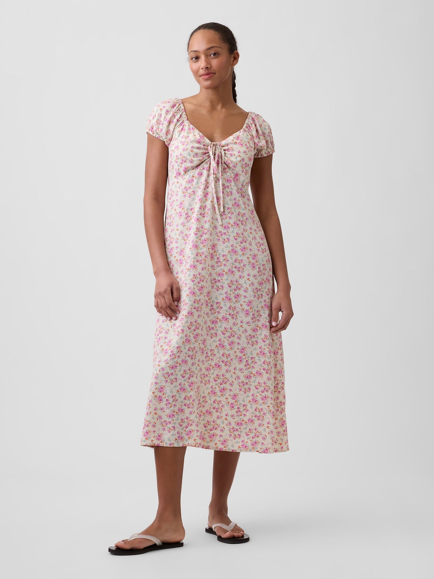 Pembe Print Puff Sleeve Midi Elbise