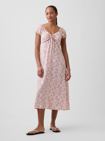 Pembe Print Puff Sleeve Midi Elbise