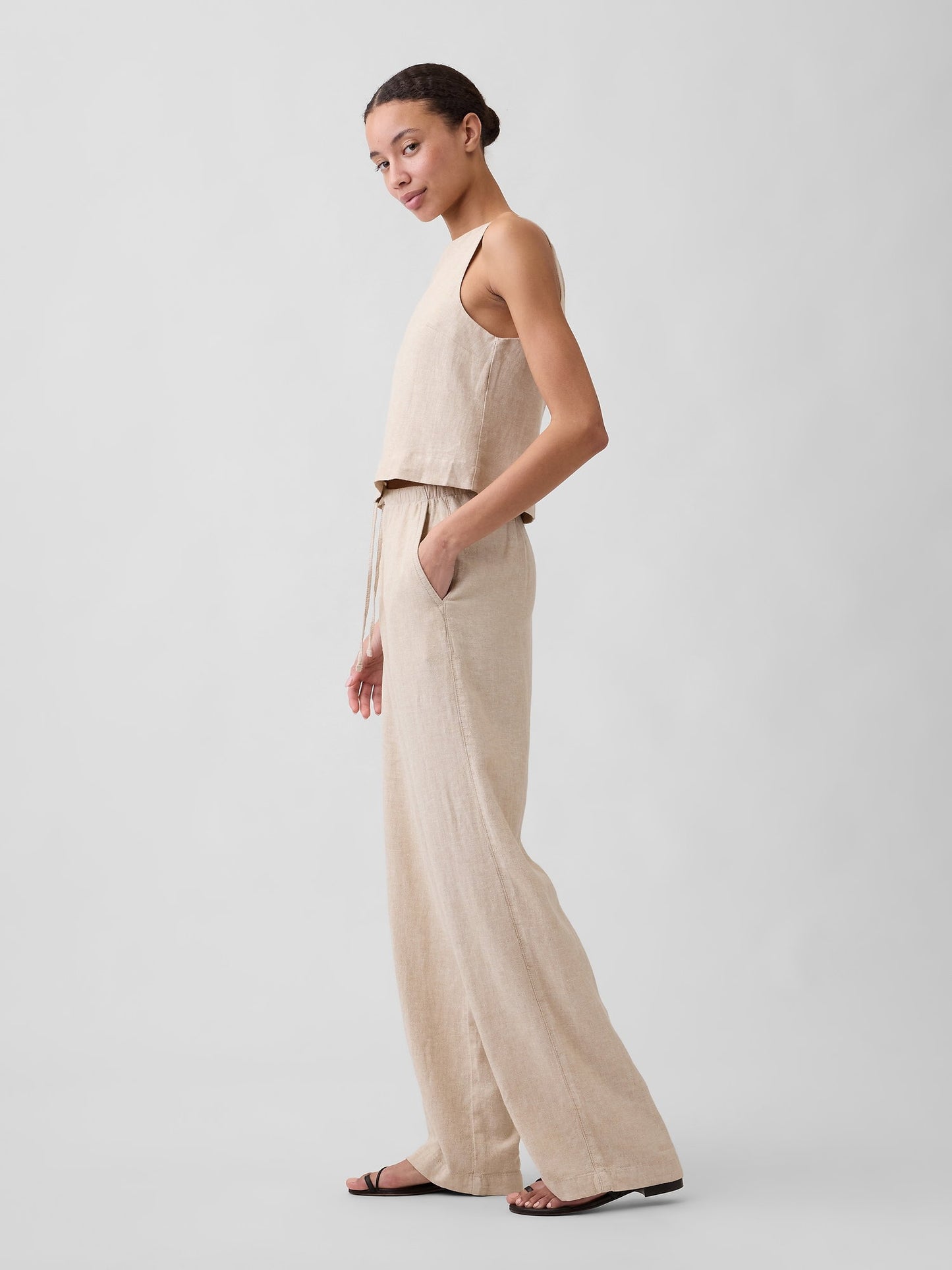 Bej Relaxed Keten Karışımlı Wide-leg Pantolon