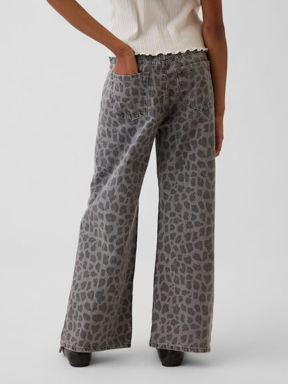 Gri Low Rise Stride Leopar Wide-leg Jean Pantolon