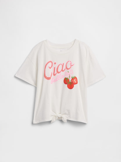 Beyaz Oversized Knot-tie Grafik Baskılı T-shirt