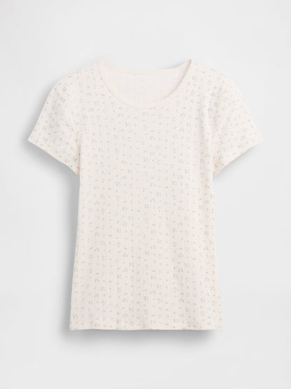 Beyaz Pointelle Bisiklet Yaka T-shirt