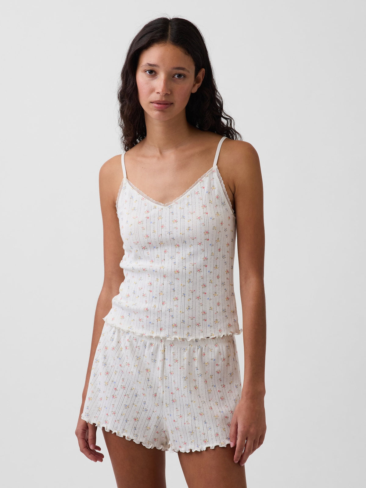 Kırık Beyaz Pointelle Lettuce-hem Crop Cami Pijama Üstü