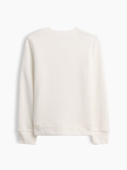 Beyaz Bisiklet Yaka Grafik Baskılı Sweatshirt