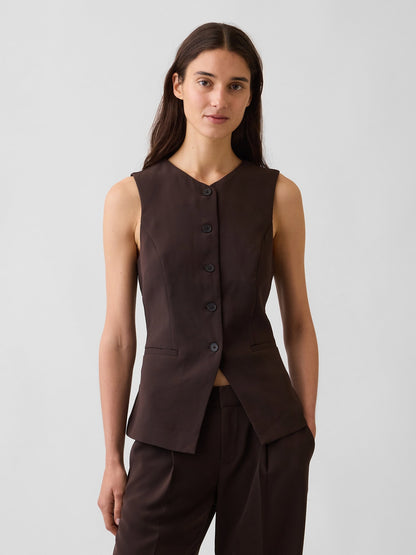 Koyu Kahverengi High-neck Longline Yelek