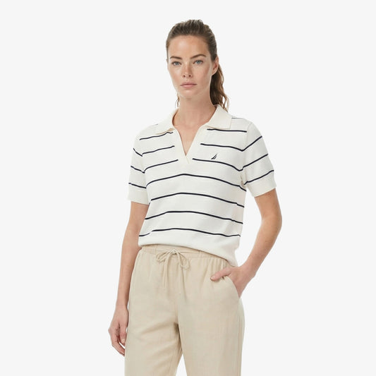 Nautica Kadın Beyaz Regular Fit Çizgili Triko Polo Yaka T-shirt